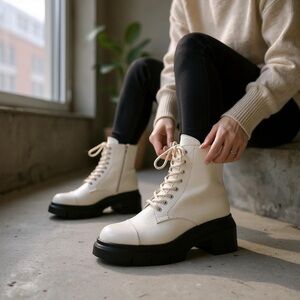 Stuart Weitzman White Leather Nisha Lace-Up Boots Size 7C Platform  Chunky‎